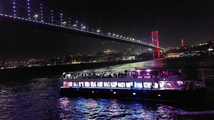 All Inclusive; Istanbul Bosphorus Dinner Cruise w/live shows - A nighttime view of Istanbul from the Bosphorus