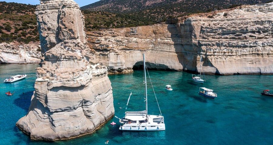 Milos: Kleftiko Sunset Catamaran Cruise with Meal & Drinks - Setting out from Adamantas with coffee and snacks