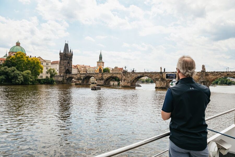 Prague: Vltava River Lunch Cruise in an Open-Top Glass Boat - The welcome drink and first river views