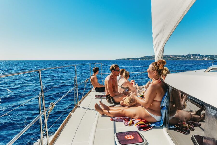 Rhodes: All-Inclusive Catamaran Cruise with Lunch and Drinks - Afandou Caves on the power catamaran