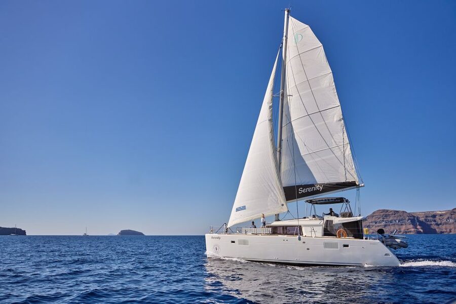 Santorini: Day Luxury Catamaran Cruise with Meal & Drinks - A Greek BBQ Served on the Boat