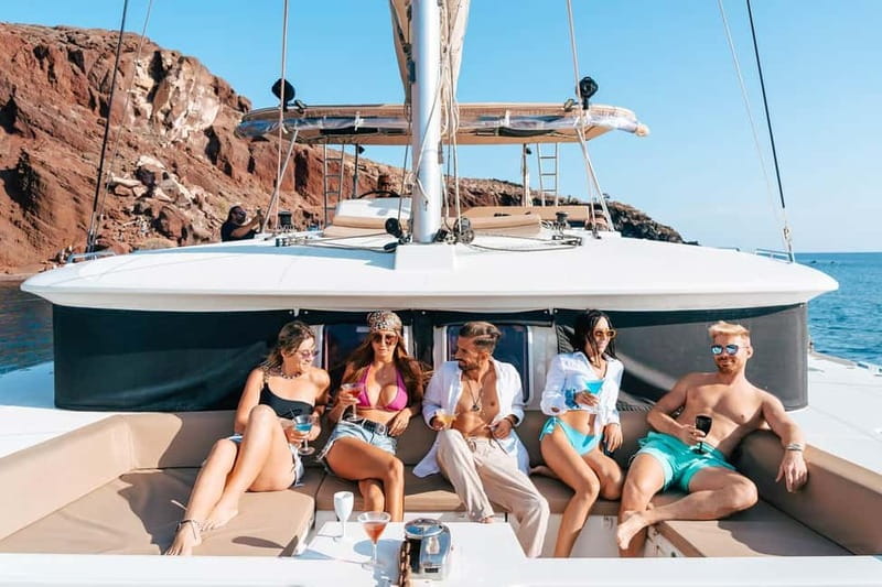 Santorini: Luxury Catamaran Cruise with Lunch, BBQ & Drinks - Swimming at Mesa Pigadia