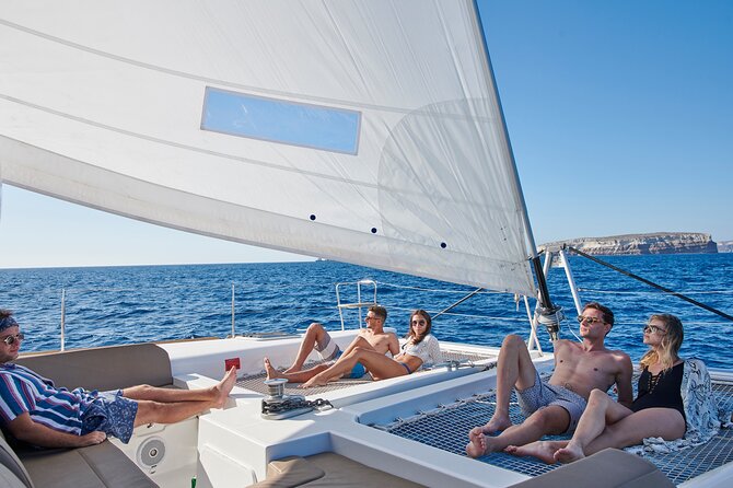 Santorini Platinum Catamaran Cruise with Meal, BBQ and Open Bar - The boat and group size shape the day